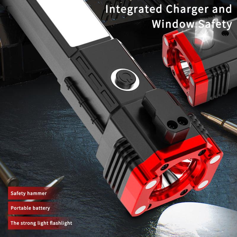 Flashlight Usb Rechargeable Torch Light With Hammer Knife Power Bank Cob Led Work Light For Outdoor