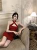 Pure Lust Spice Girl Sexy Pleated Cross Neck Sling Tight Dress Waist and Thin Backless Hip Skirt