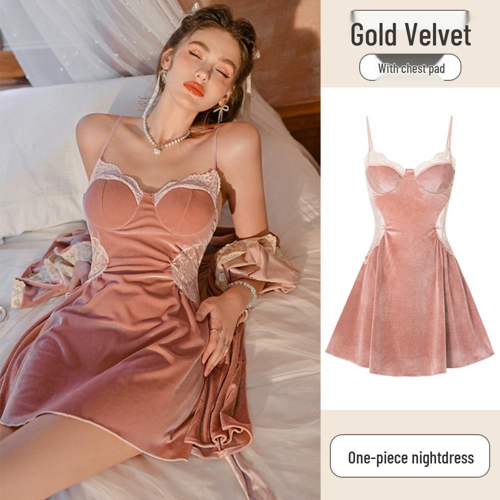 

2025 Осень/Зима Высококачественная ночная сорочка из золотого бархата: Стиль чистого желания с нагрудной подушечкой - Сексуальная домашняя ночная сорочка на бретелях Large светло-розовый