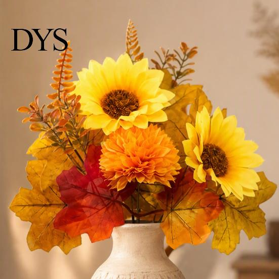 Holiday Gift for Thanksgiving Artificial Sunflower Maple Leaf Bouquet, Fall Flowers, Realistic Silk Faux Leaves Vase Flower Table Mantel Entryway