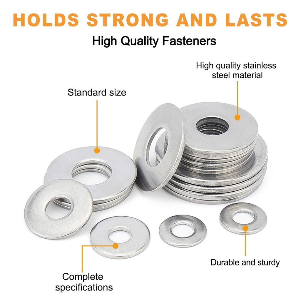 340pcs 304 Stainless Steel Flat Washers, M2-M2.5-M3-M4-M5-M6-M8-M10 Set.