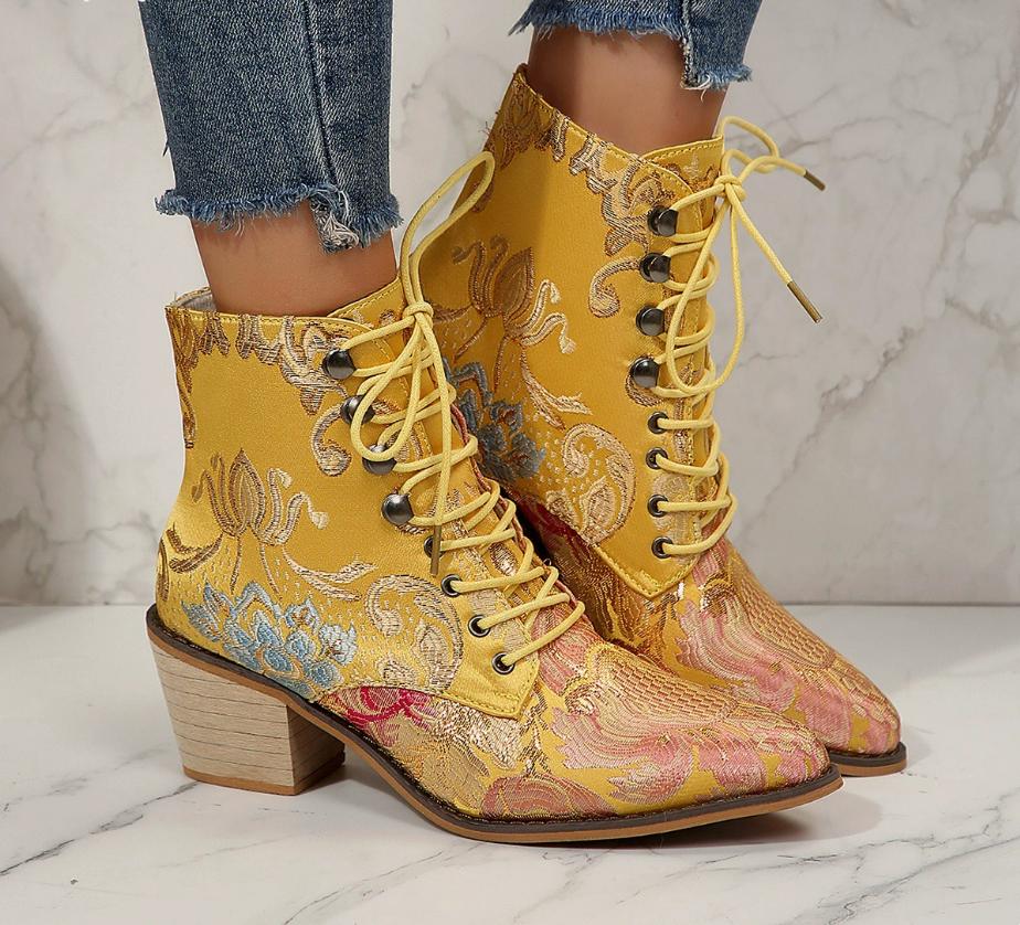 VANGULL Women Silk Boots Martin Ankle Boots Autumn Winter Embroider Womens Boots Lace Up Shoes Woman