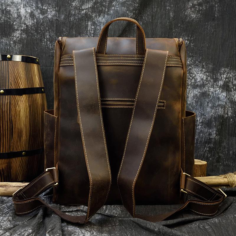 Big Capacity Vintage Leather Backpack Laptop Travel Bagpack Men Male Cowskin Backpack Retro Style Travel Bag  Brown 42cm