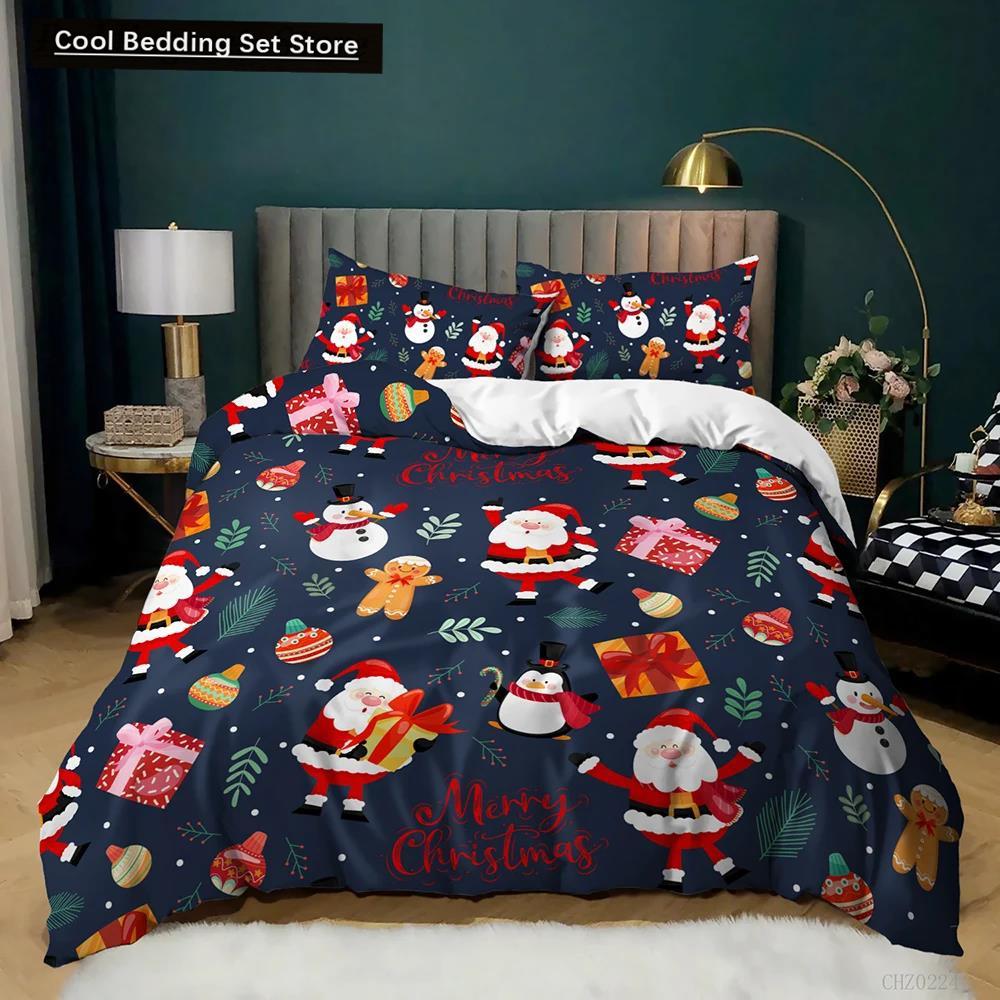 Christmas Duvet Cover Set Winter Snowman Santa Claus Christmas Stocking Bedding Set Double Queen King Size Polyester Qulit Cover