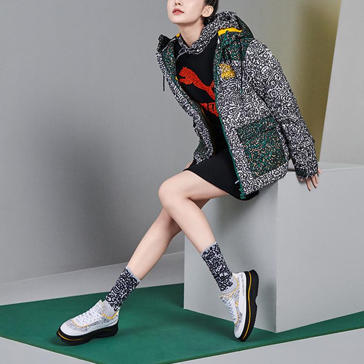 Puma X Mr Doodle Embroidered Logo Graffiti Color Block Hooded Cotton Jacket Women Jacket Green 598685-91