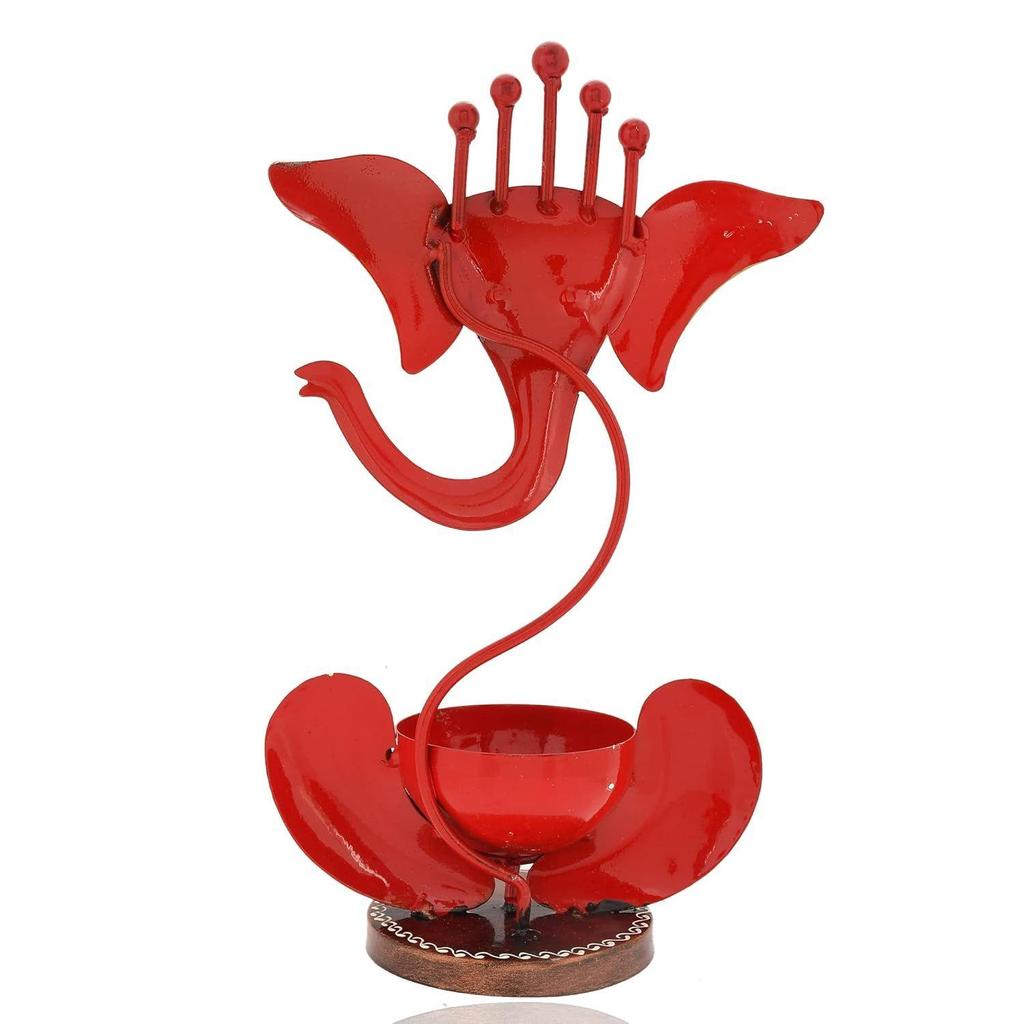 Red Metal Lord Ganesha Idol Showpiece Tea Light Candle Holder| Ganpati Murti Tea Light Holder