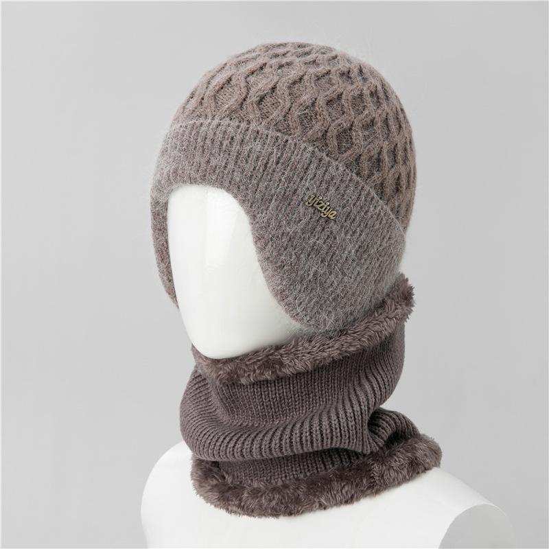 Ji Middle-Aged And Elderly Women'S Basin Hat Grandma Knitted Wool Hat Old Man Hat Rabbit Fur Flower Mother Hat Scarf