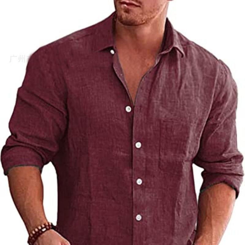 Men's Loose Large Size Solid Colour Shirt Linen Lapel Long-sleeved Casual Shirt Men's Tops