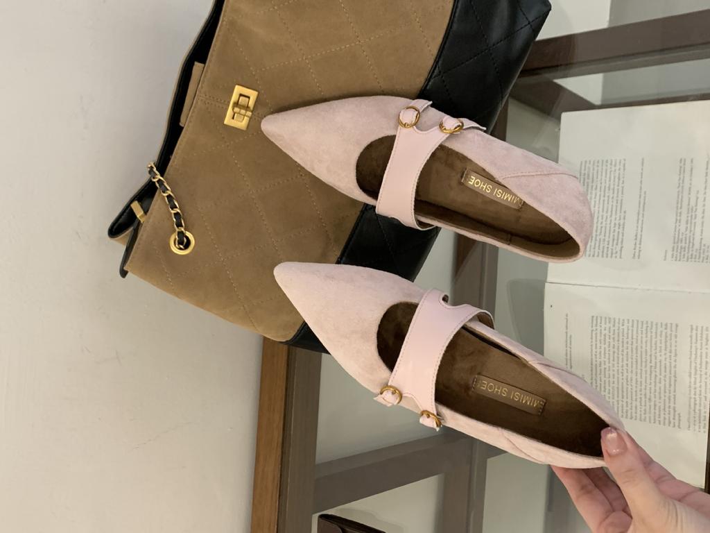 Retro pointed matte splicing one-word buckle shallow mouth single shoes women's inner height increase shallow mouth temperament work shoes