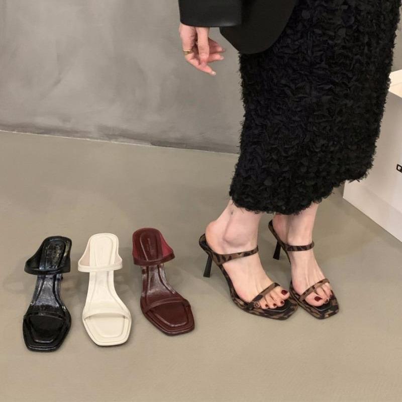 Niche French leopard print high heels one-word slippers women's shoes wear 2025 new summer stiletto sandals
