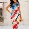 Women Plus Size Round Neck Sleeveless Navy Blue Printed Bodycon Midi Dress