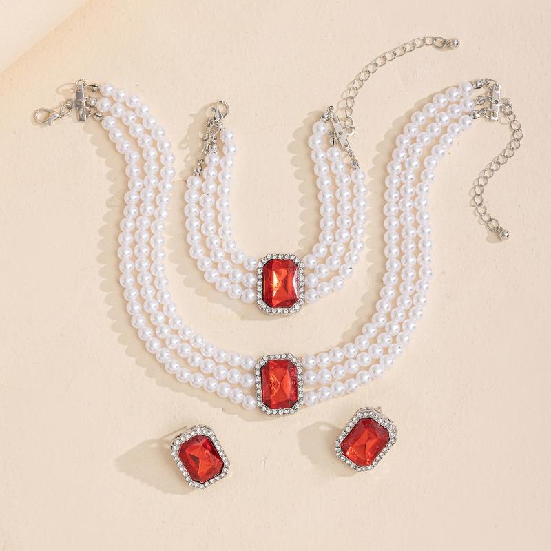 Imitation pearl necklace set jewelry exaggerated light luxury gemstone collarbone chain retro ring bracelet
