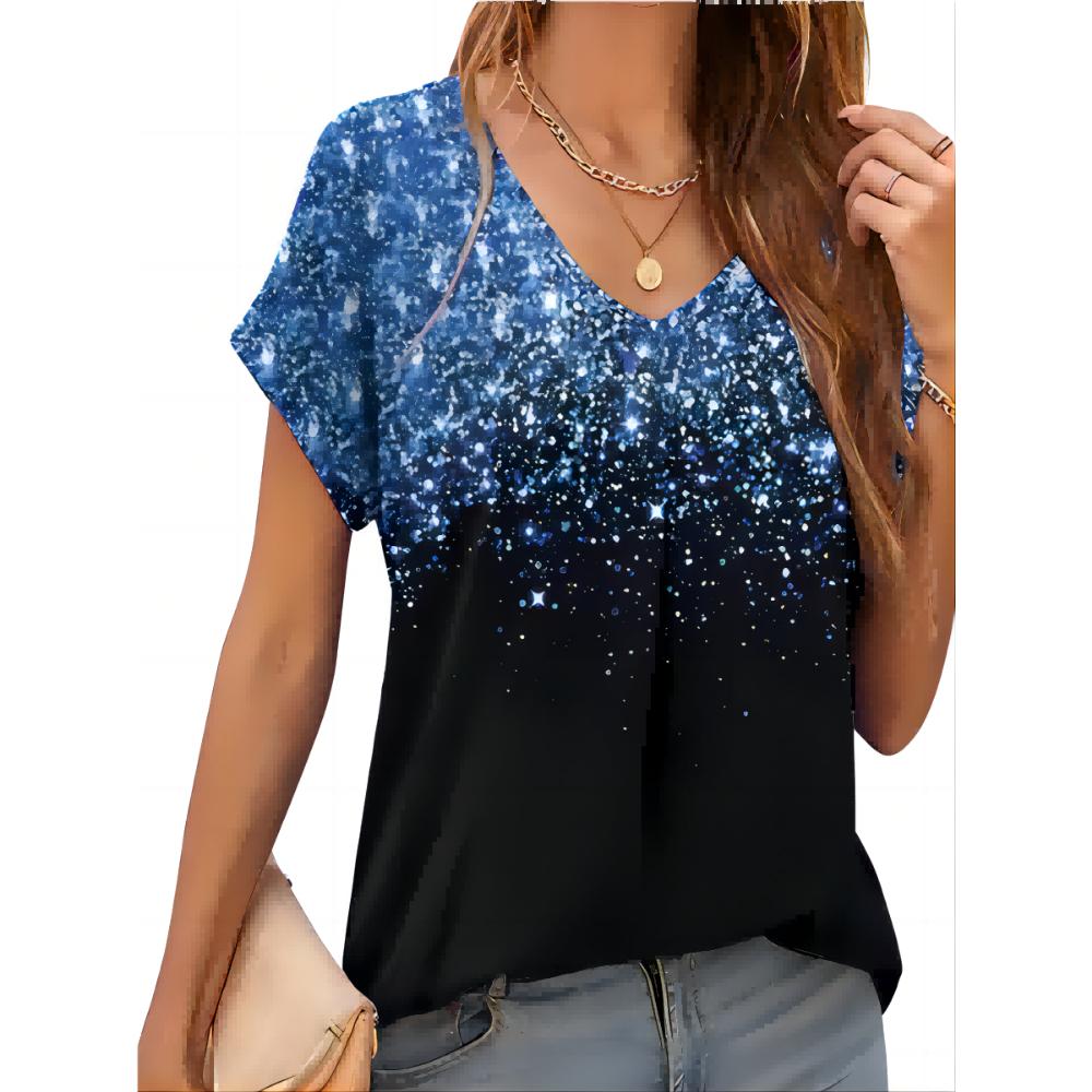 2026 New Summer Women T-shirt 3d Fashion Print Gradient Harajuku T Shirt Oversized Tee For Ladies Clothing New Short Sleeve V-Ne