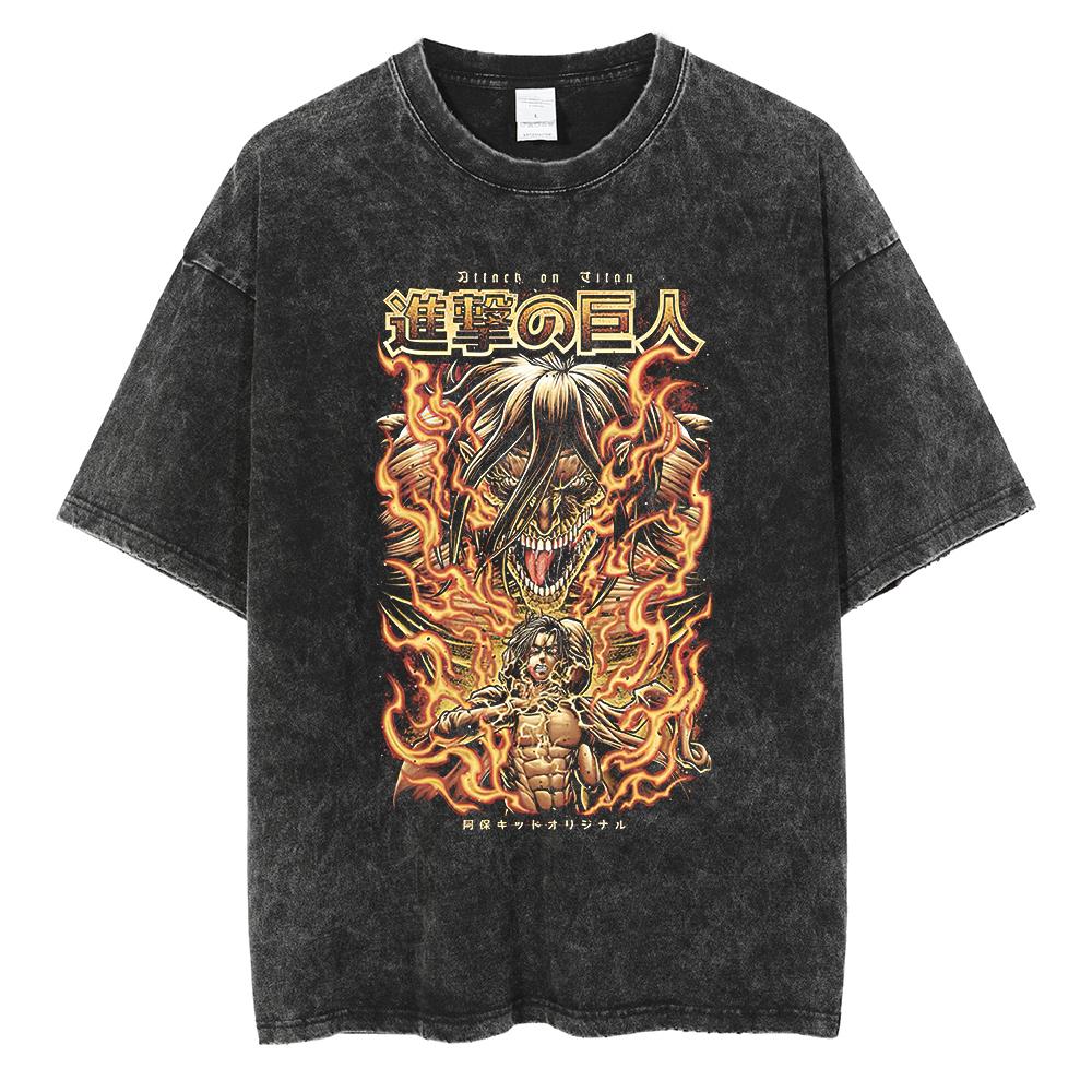 Eren Jager Attack on Titan Summer Streetwear Washed T-Shirt Anime Graphic Print TShirt Men Harajuku Cotton Oversize Vintage Tee