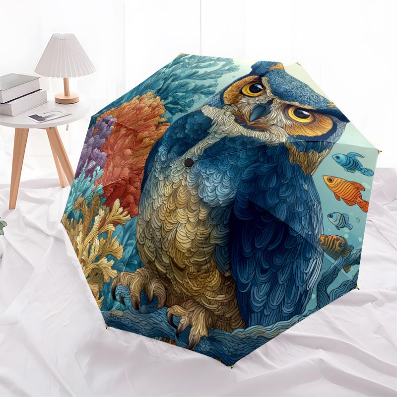 Flower Owl pattern, automatic folding umbrella, portable and foldable design, 8 ribs, a Christmas or birthday gift.