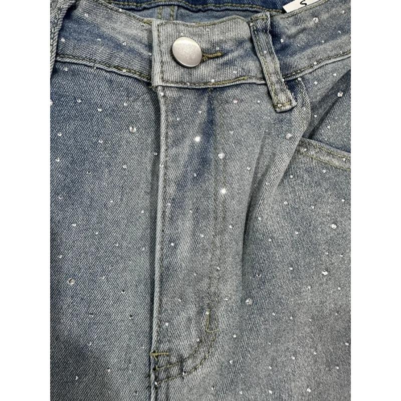 Shiny Rhinestone Jeans Pants Sexy Women High Waist Elegant Night Club Diamonds Denim Straight Trousers