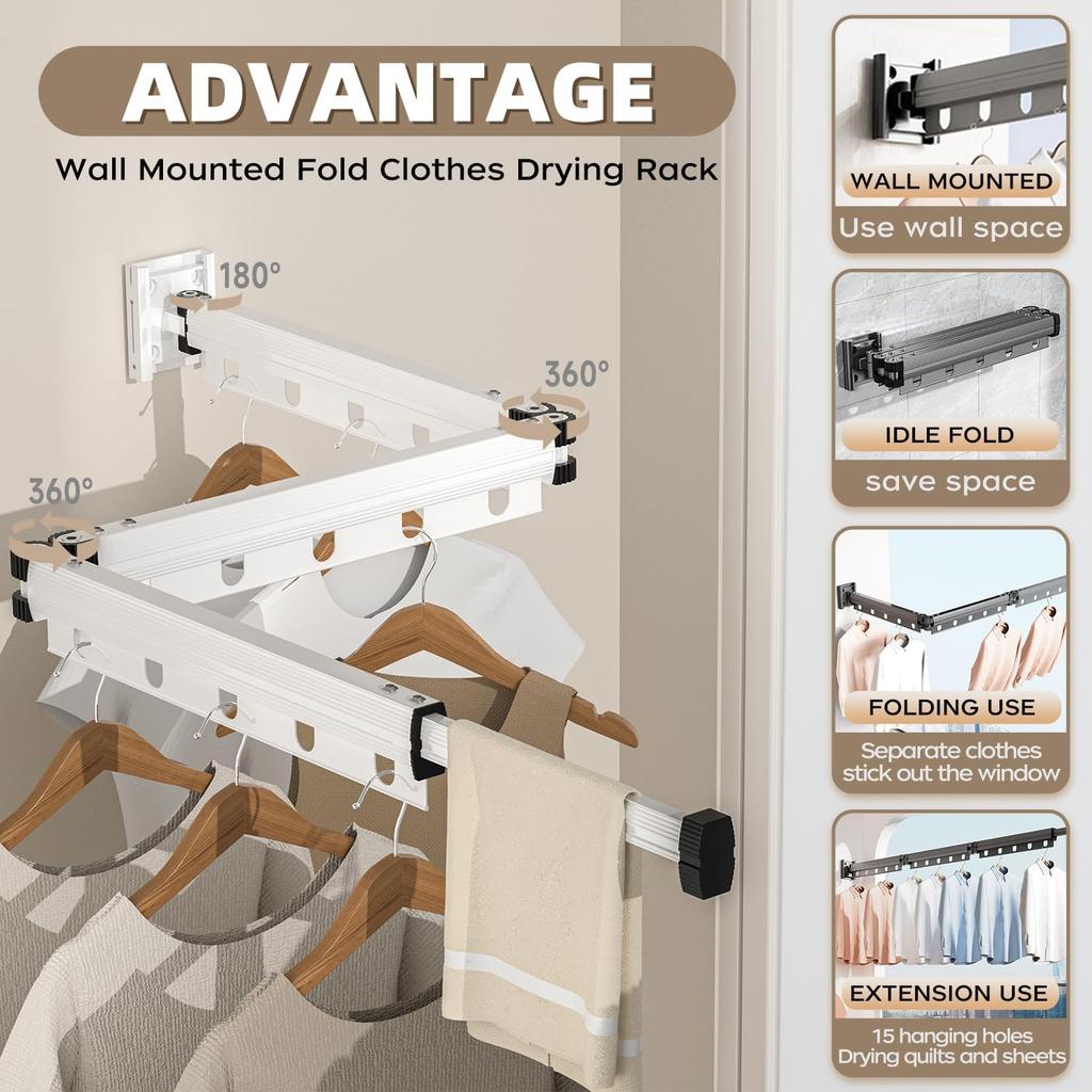 Wall Mounted Space Saving 360° Folding Clothes Drying Rack, Retractable Collapsible Windproof Hanging Hole Laundry Rack, Suitable for Balcony,