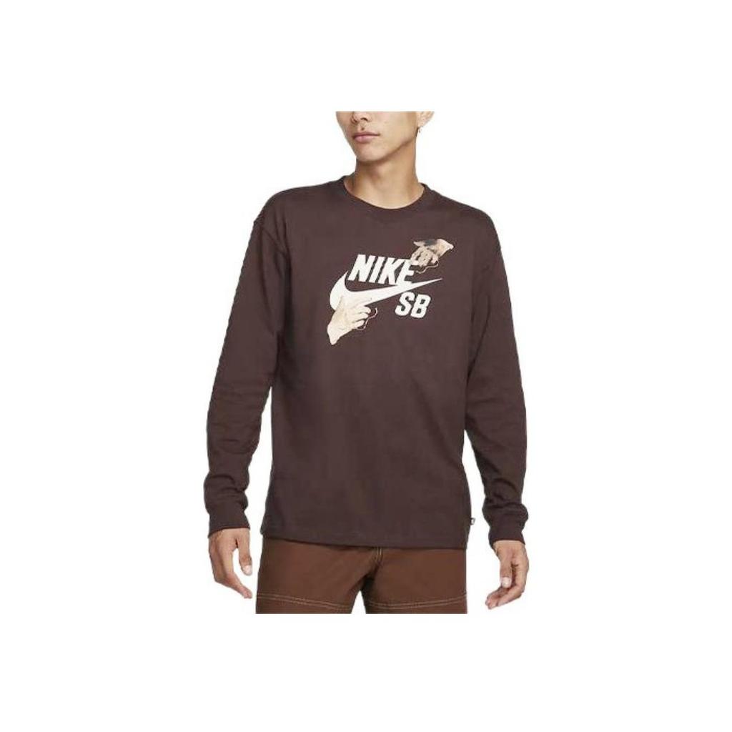 Nike SB Logo Print Ribbed Crew Neck Long Sleeve T-Shirt Men Tops Brown FQ7682-227