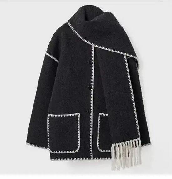 Autumn 2023 Women's Cross-Border Street Fashion Woolen Coat with Scarf Embellishments.