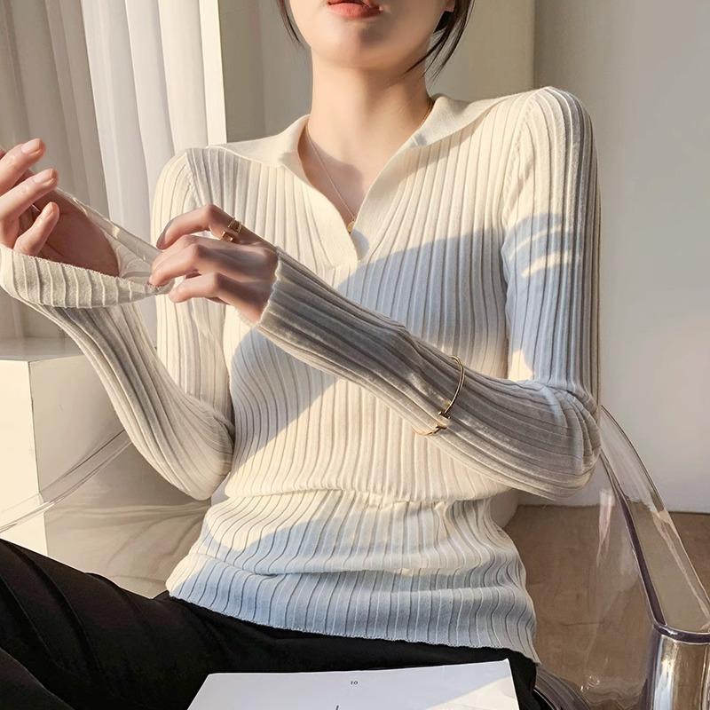 Lapel bottom knitted sweater women's spring and autumn new inner sweater front shoulder lapel slim top