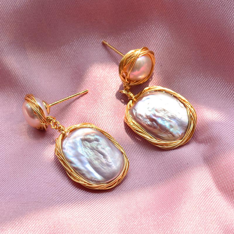 100% Natural Baroque Freshwater Pearl 14K Gold Filled Female Tassels Stud Earrings For Women Birthday Gifts
