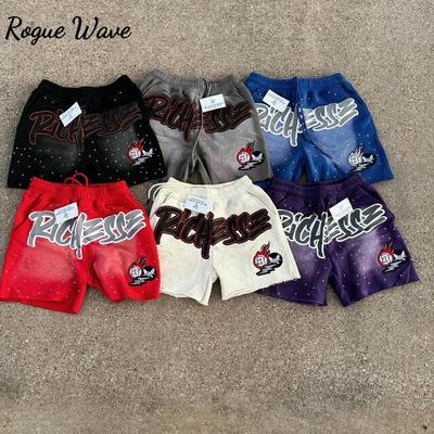 RogueWave Y2K Harajuku Men Shorts Rhinestone Letter Print Cotton Sweatpants Fashion NEW Hip Hop Basketball Streetwear Loose Casual Shorts