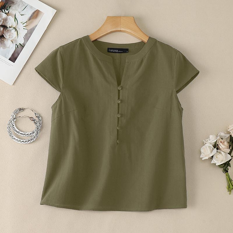 ZANZEA Women Casual V-Neck Solid Color Short Sleeve Cotton Blouse