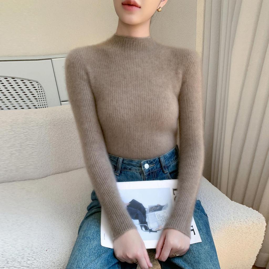 2025 Autumn/Winter High Neck Striped Cashmere Knit Slim Fit Sweater