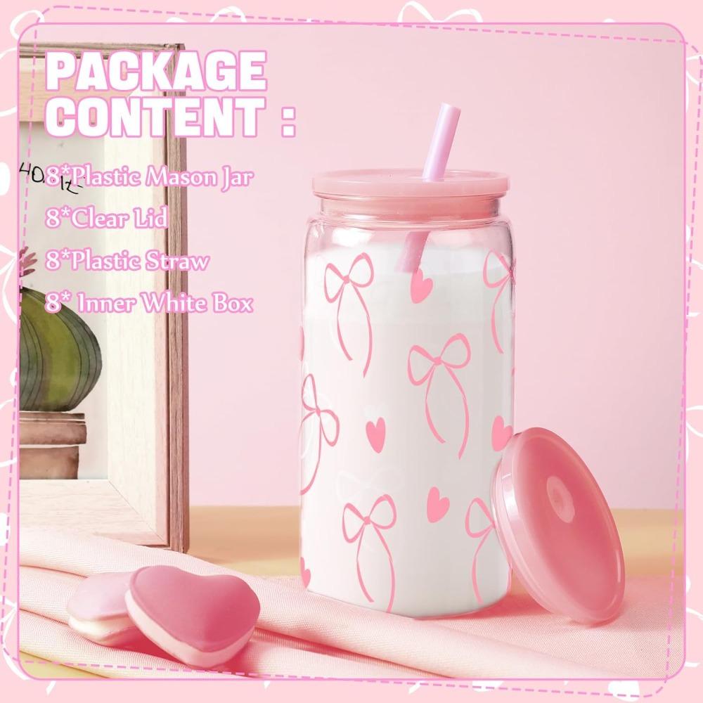 1 Stück Mode 16oz Pinke Schleife Plastik Thermobecher mit Deckel und Strohhalm, Perfekt für Eiskaffee, Ideales Geschenk für Frauen und Schwestern