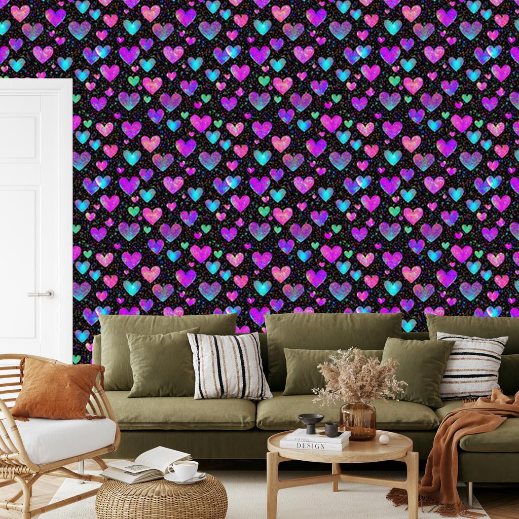 Neon Glitter Hearts Wallpaper Purple and Black 50x1000