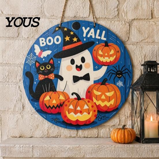 Seasonal Window Display Sign Halloween Boo Wood Door Hanger with Cute Ghost Black Hat Pumpkin Print, Front Creative Holiday Party Decor Porch