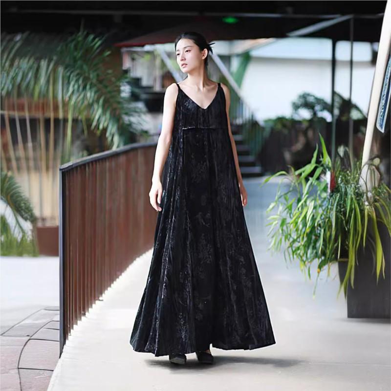 Johnature Woman Spring Fashion Chinese Style Print Casual Dress Solid Color Niche Sleeveless V-neck Vintage Dress