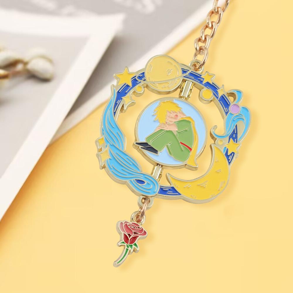 Breloc Planetă Micul Prinț cu Pandantiv Trandafir – Accesoriu de Modă Metalic Rotativ Creativ