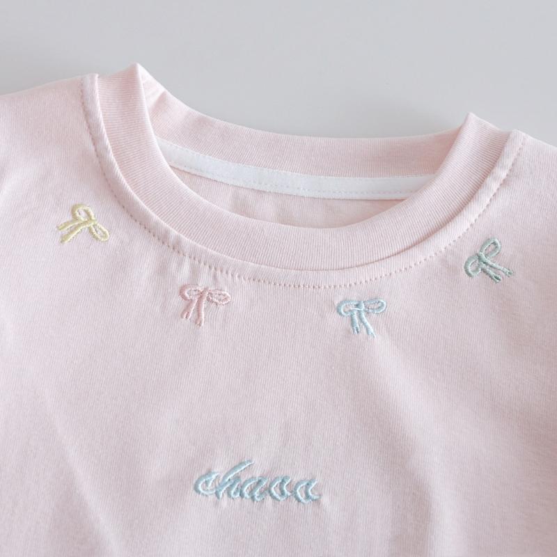 Girls' Bow Embroidered Short Sleeve T-shirt New Summer Children's Round Neck Elastic Slimming Top Baby Pure Cotton Base T-shirt