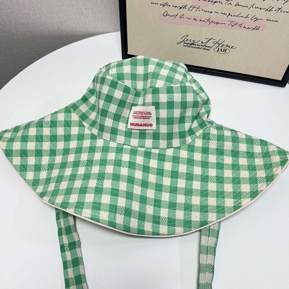 Sun Protection Drawstring Sun Hat Sunscreen Plaid Hiking Cap Hiking Fisherman Hat  Famale