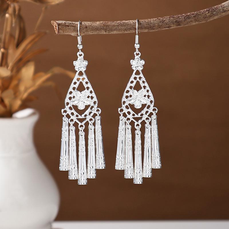 Ethnic Miao Silver Tassel Earrings - Retro Long Dangle Scenic Studs for Women