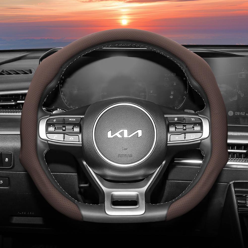 Suitable for Kia Perforated Leather Steering Wheel Cover, Non-Slip, Sweat-Absorbent, Breathable, Integrated Protective Case Sportage K5 Seltos Forte