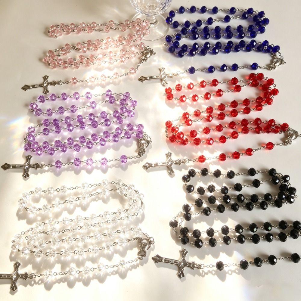 Long Chain Rosary Necklace 8mm Beads Crucifix Pendant Chain Cross Pendant Necklace Lady Jewelry