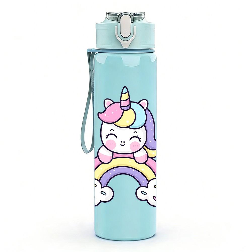 1PC Unicorn Cartoon Pattern 750ml Color Plastic Sports Water Bottle Leakproof Flip Straw Lid Suitable for Sports Office Home Use