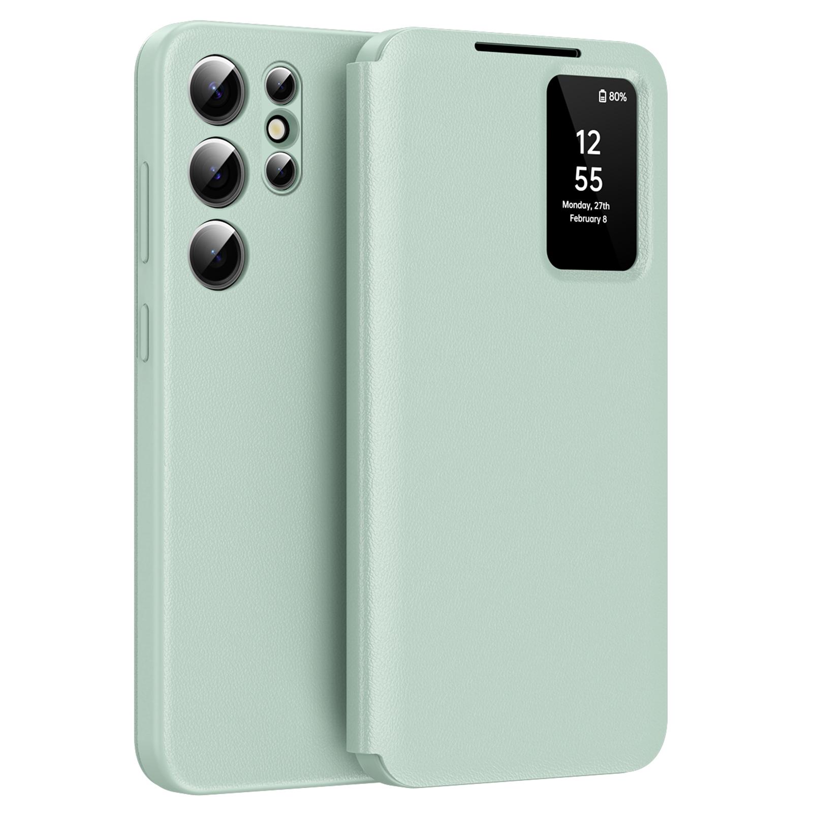 

Чехол для Samsung Galaxy S22 Ultra 5G Кожаный чехол для телефона с окошком для просмотра и слотом для карт Light Green