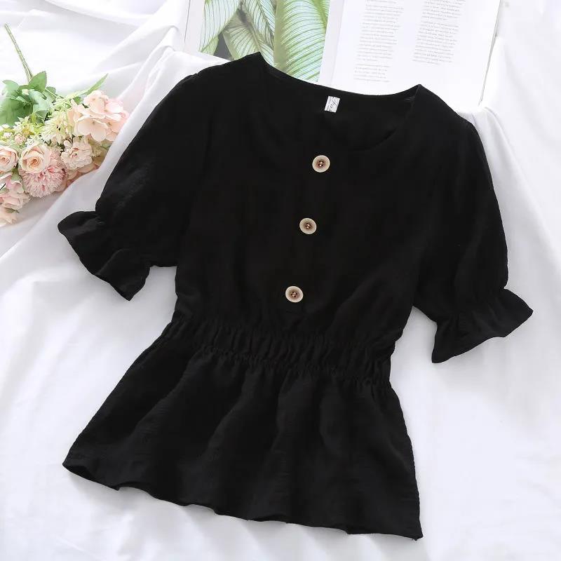 Summer Blouse Tunic Pleated Shirt All-match Solid Color Casual Blouse for Women