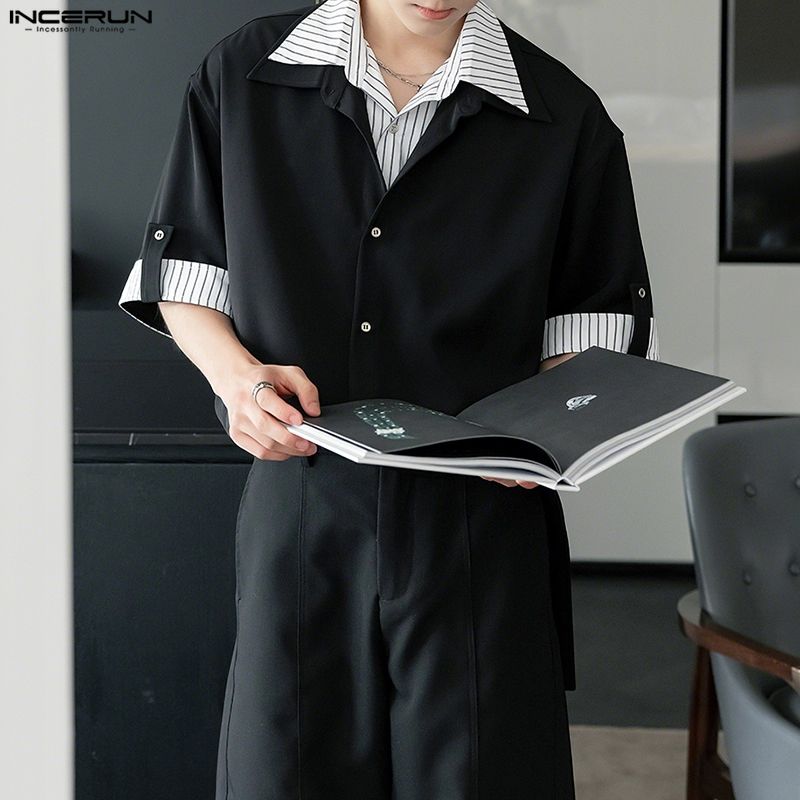 INCERUN Men Lapel Neck Short Sleeve Striped Print Oversized Shirts Tops