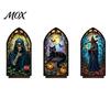 Vintage Church Window Light Halloween Candle Holder, Gothic Stained Glass Style Solid Wood Base Stand Retro Spooky Candlestick, Tabletop Atmosphere