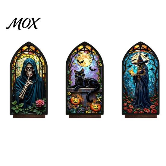 Vintage Church Window Light Halloween Candle Holder, Gothic Stained Glass Style Solid Wood Base Stand Retro Spooky Candlestick, Tabletop Atmosphere