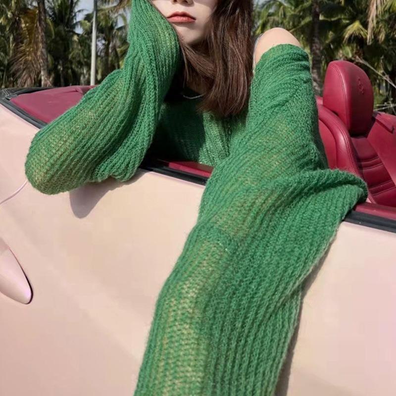 Свободный вязаный свитер с круглым вырезом, женский модный тонкий повседневный женский свитер с длинным рукавом, весенний однотонный простой женский трикотажный свитер 26409 One Size зелёный