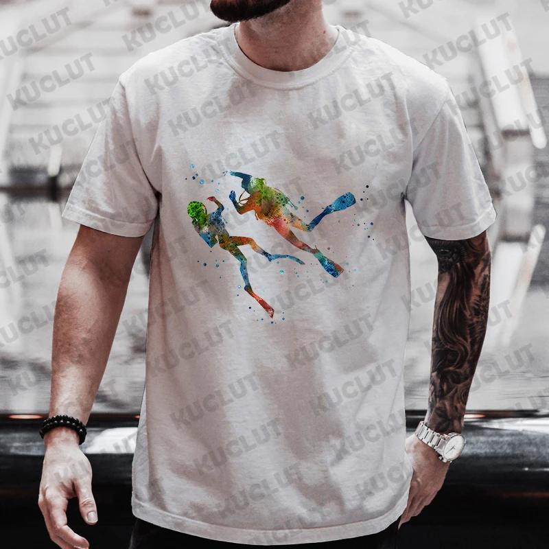 Summer Streetwear Scuba Diver Watercolor Diving Print Men's Brand T-shirts Scuba Diver Design Tops Breathable Men Women Tshirts