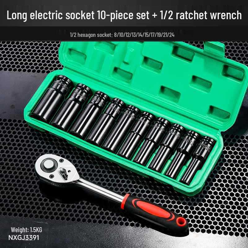 Extended Electric Socket Wrench Set with Large, Medium & Small Hexagonal Air Gun Heads for Auto Repair
