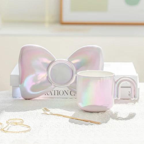 Bow Knot Coffee Cup Saucer Set Light Luxury Ceramic Mug Couple Afternoon Tea Coffee Cup Nordic Home Breakfast Milk Cup Gifts