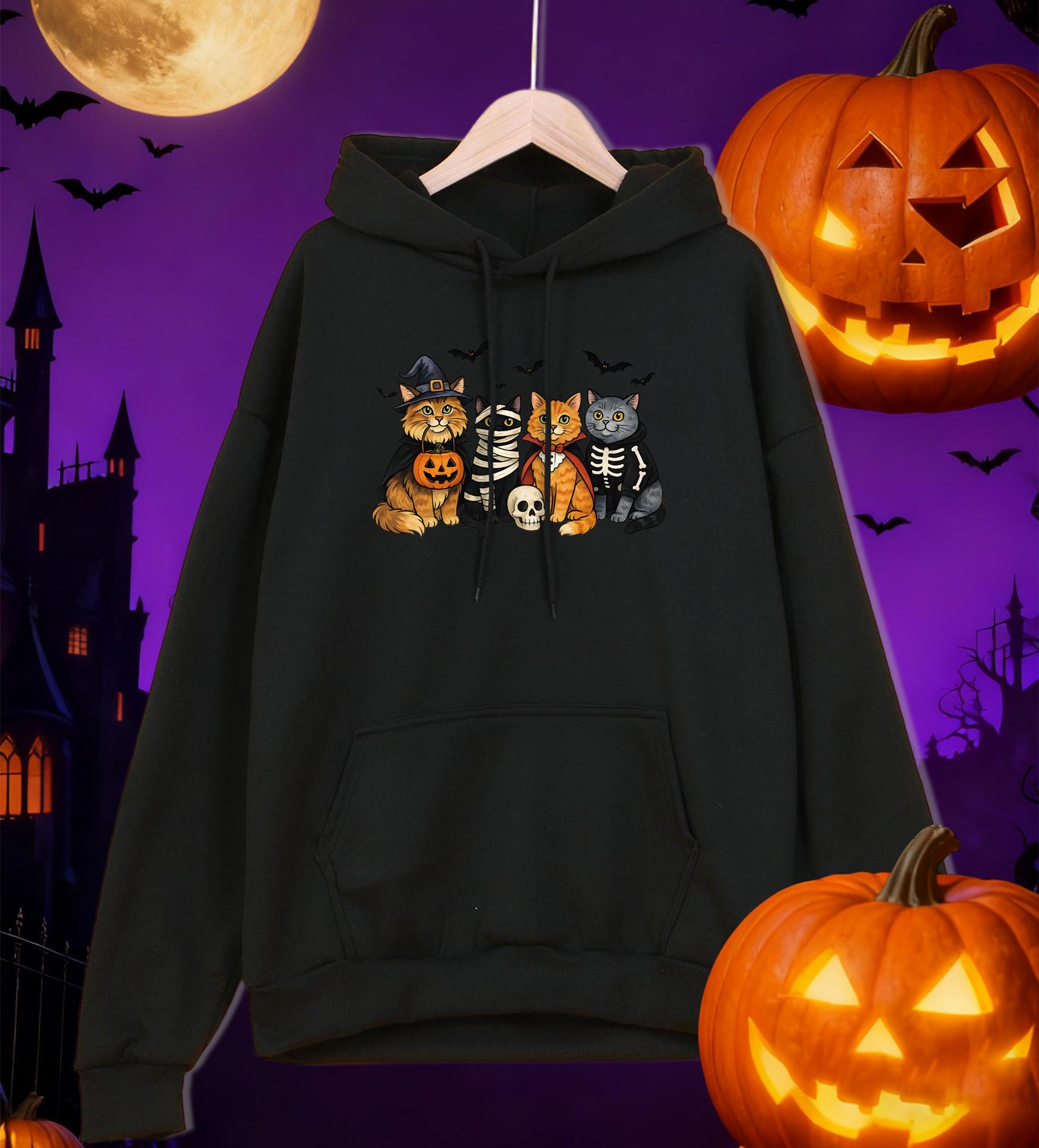 

Dressed Kittens Enjoy Halloween Printing Men Hoodie Pocket All-Match Hoody Multicolor Casual Pullovers Autumn Fleece Clothing 3XL