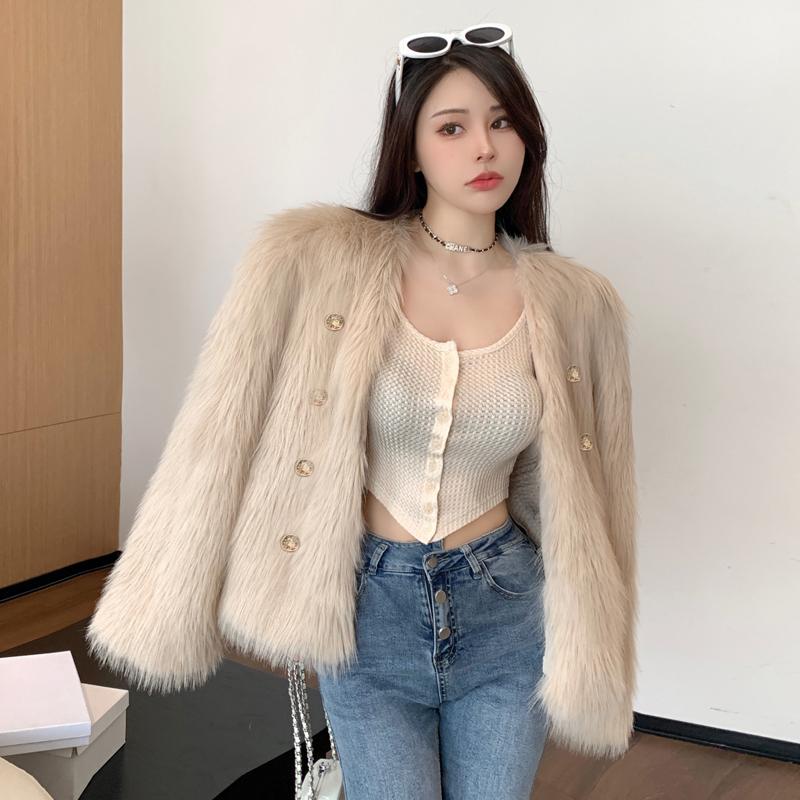 

Осень-зима Женское искусственное меховое пальто Женское длинное рукава Роскошная меховая куртка Верхняя одежда One Size хаки